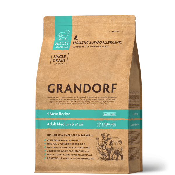 4 Vlees 1kg - Adult Medium en Maxi - Grandorf